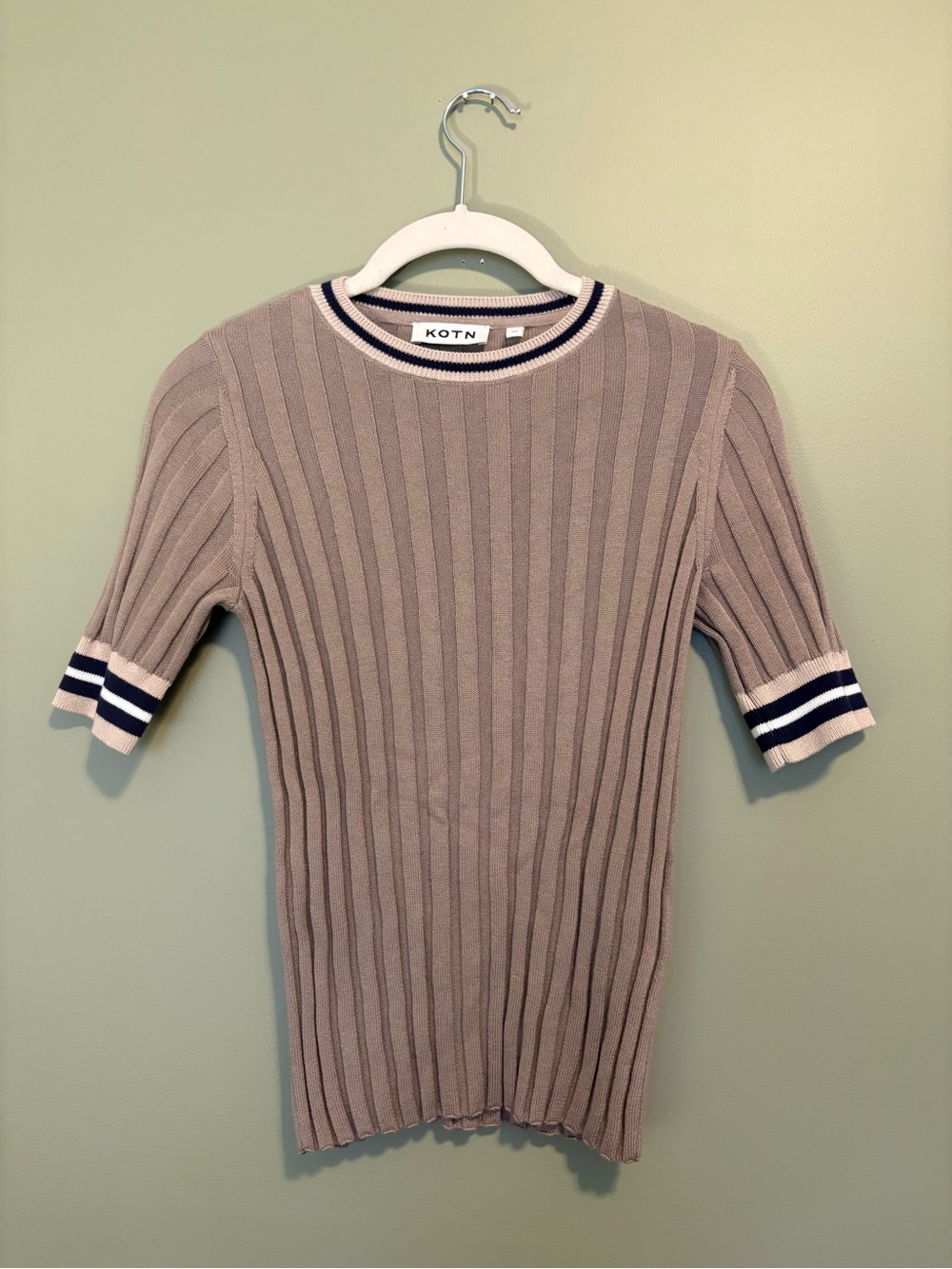 KOTN Ribbed Taupe Crewneck Sweater with Navy & White Trim